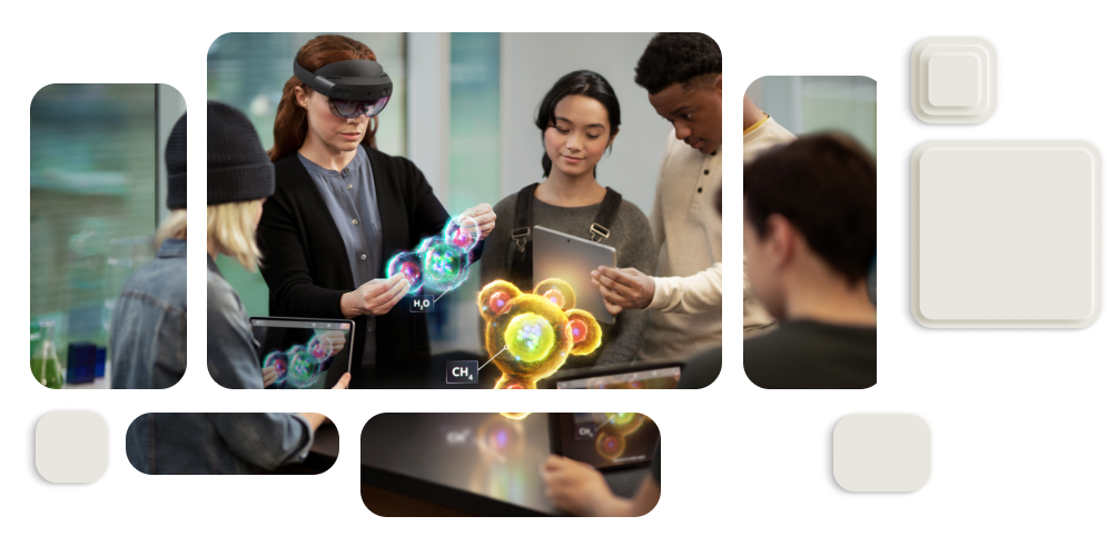 Eine Gruppe von Student*innen, die mithilfe von Virtual Reality an erweiterter Technologie arbeiten